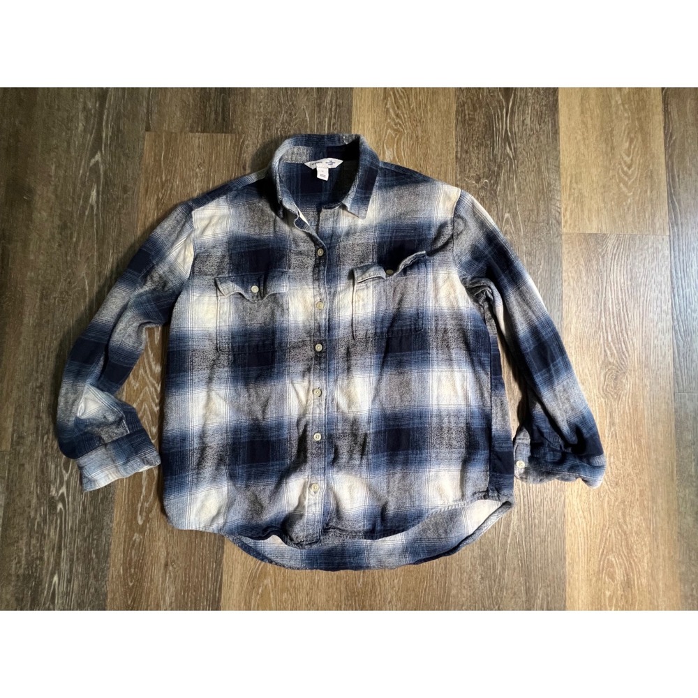Old Navy Button Down Shirt Womens Medium Blue Plaid The Boyfriend‎ Shirt